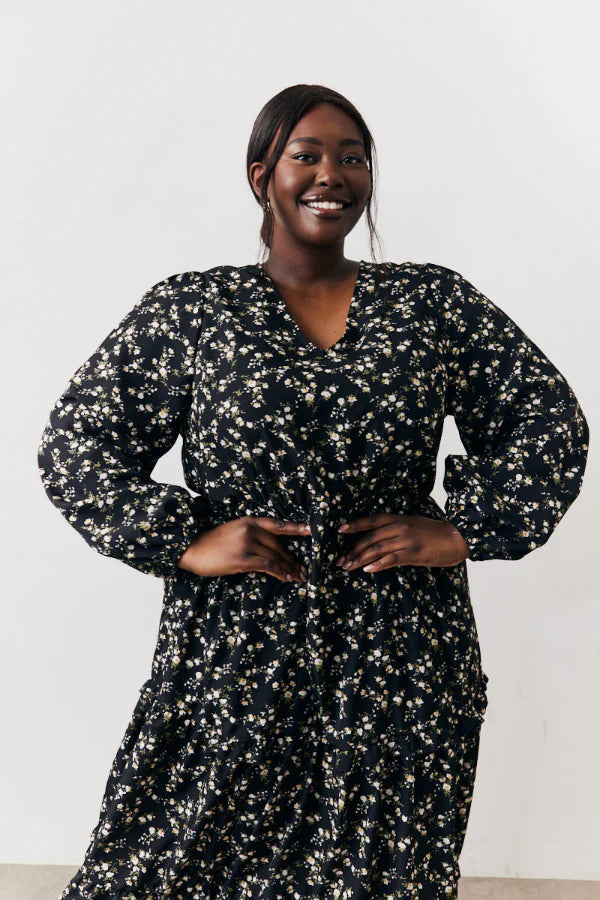 Black Ditsy Floral Printed Wrap Midi Dress