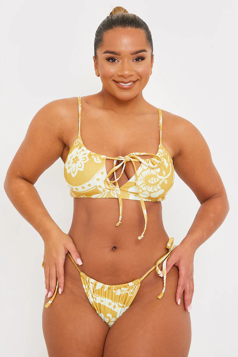 Scarf Print Tie Front Scoop Neck Bikini Top