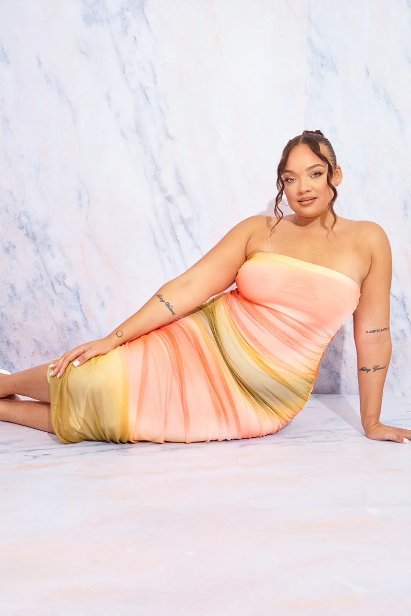 Ombre Mesh Bandeau Midi Dress