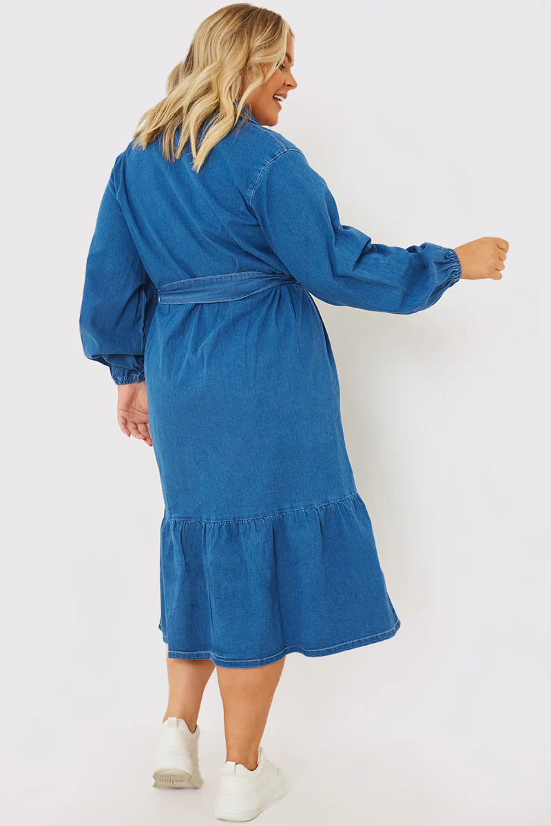 Denim Belted Tiered Midaxi Shirt Dress