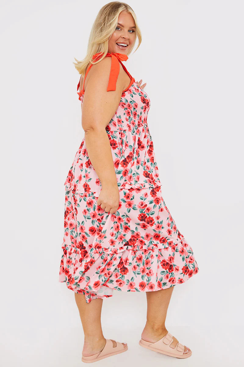 Shirred Bust Ruffle Midi Dress