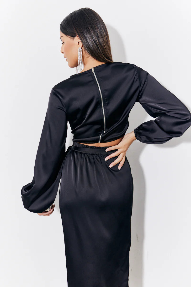 Black Curved Hem Satin Top