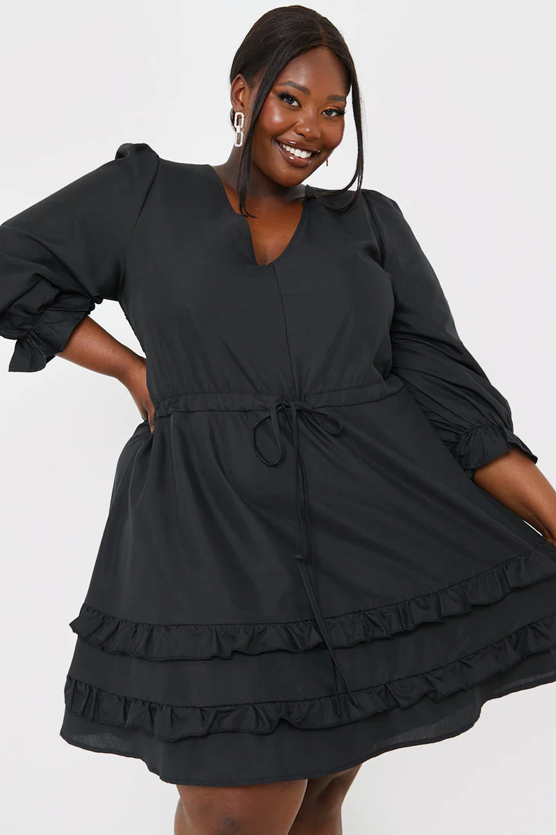 Ruffle Detail Balloon Sleeve Mini Dress