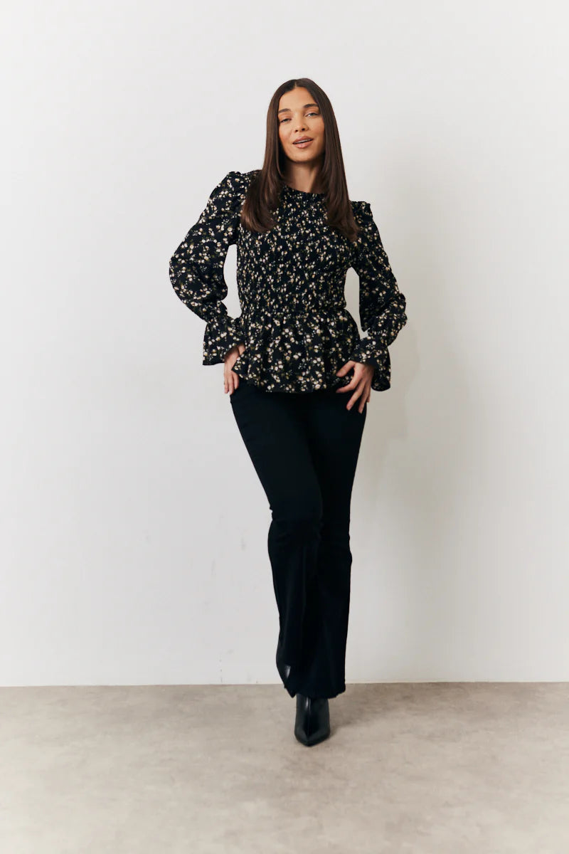 Black Floral Shirred Bust Blouse