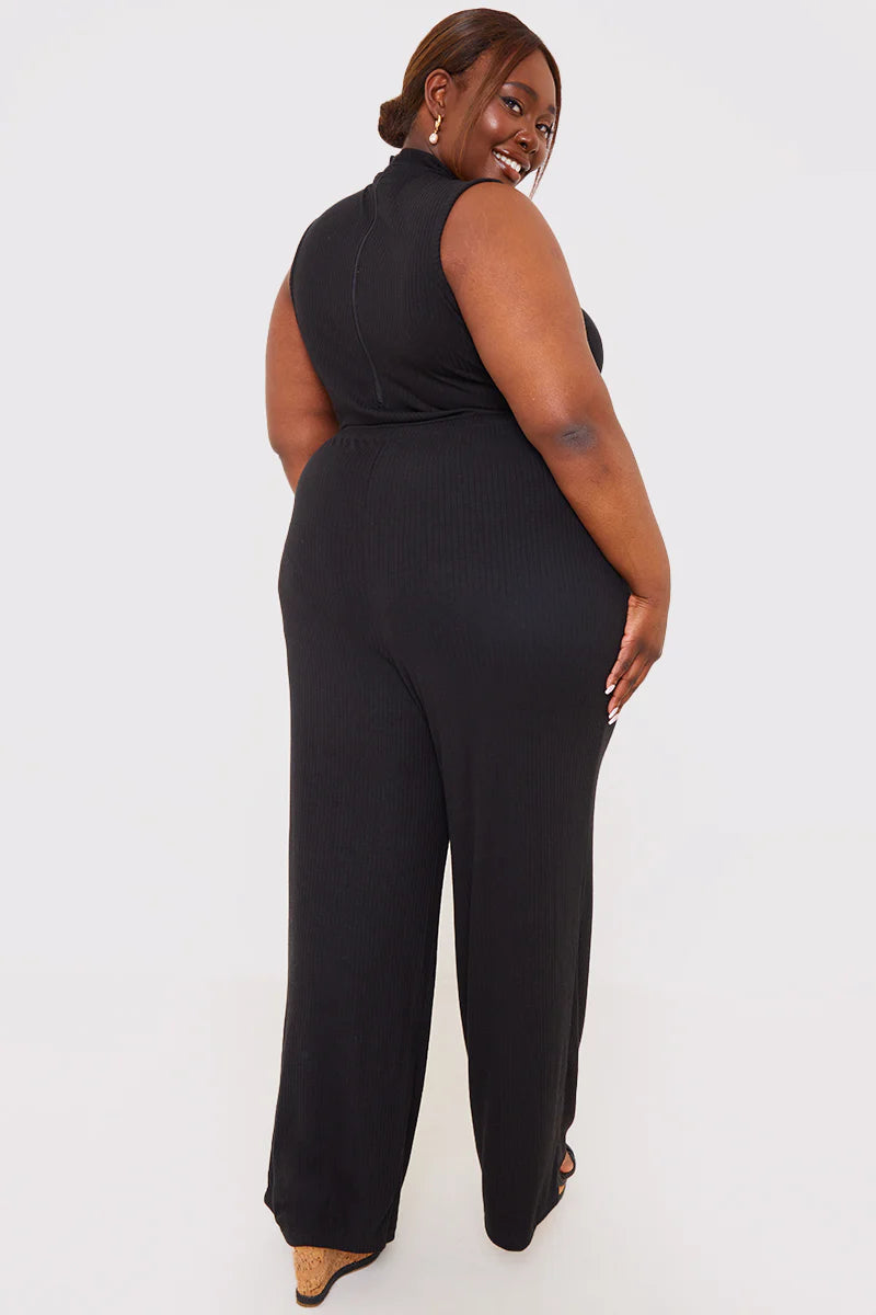 Black Rib Wide Leg Jumpsuit
