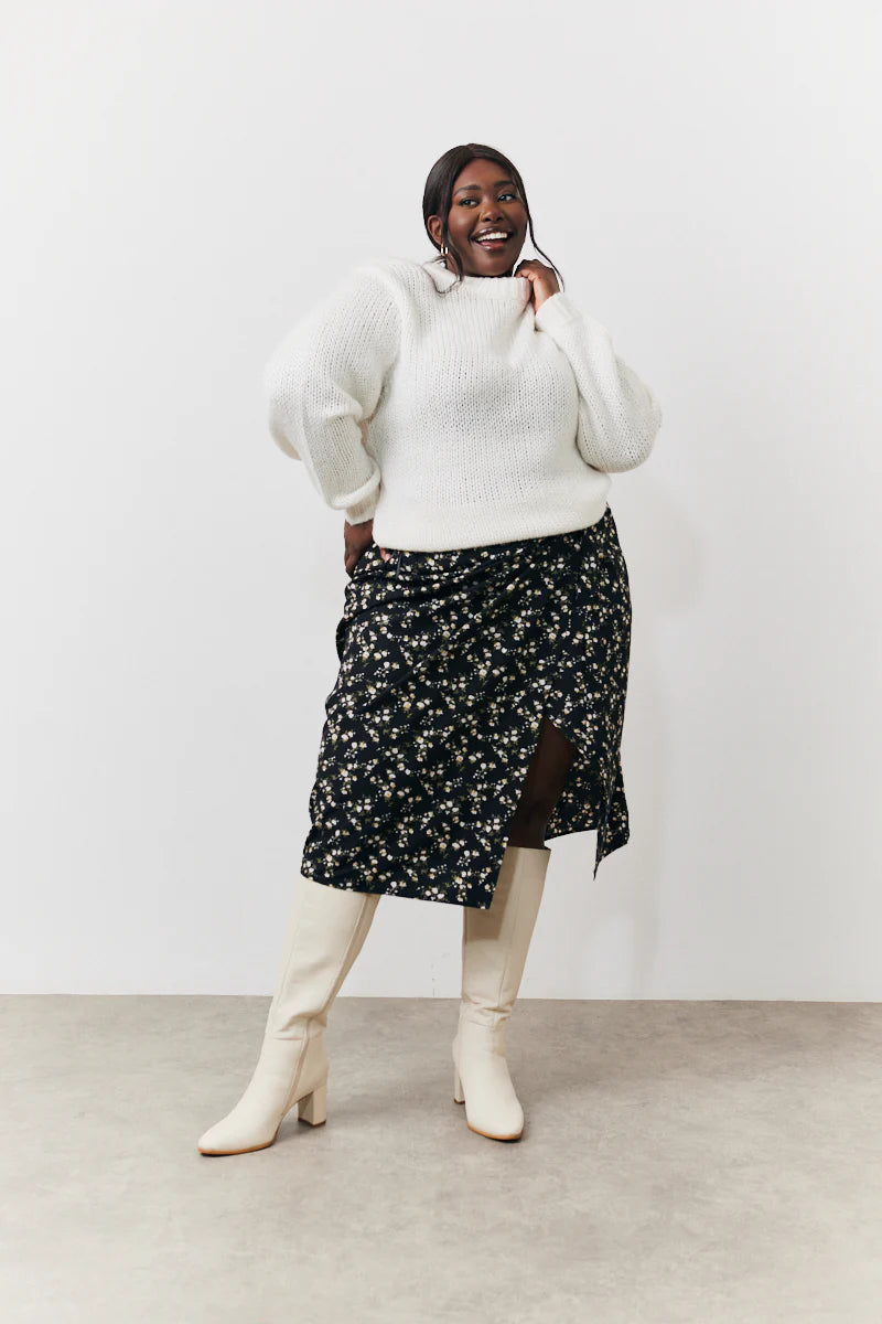 Black Floral Wrap Midi Skirt