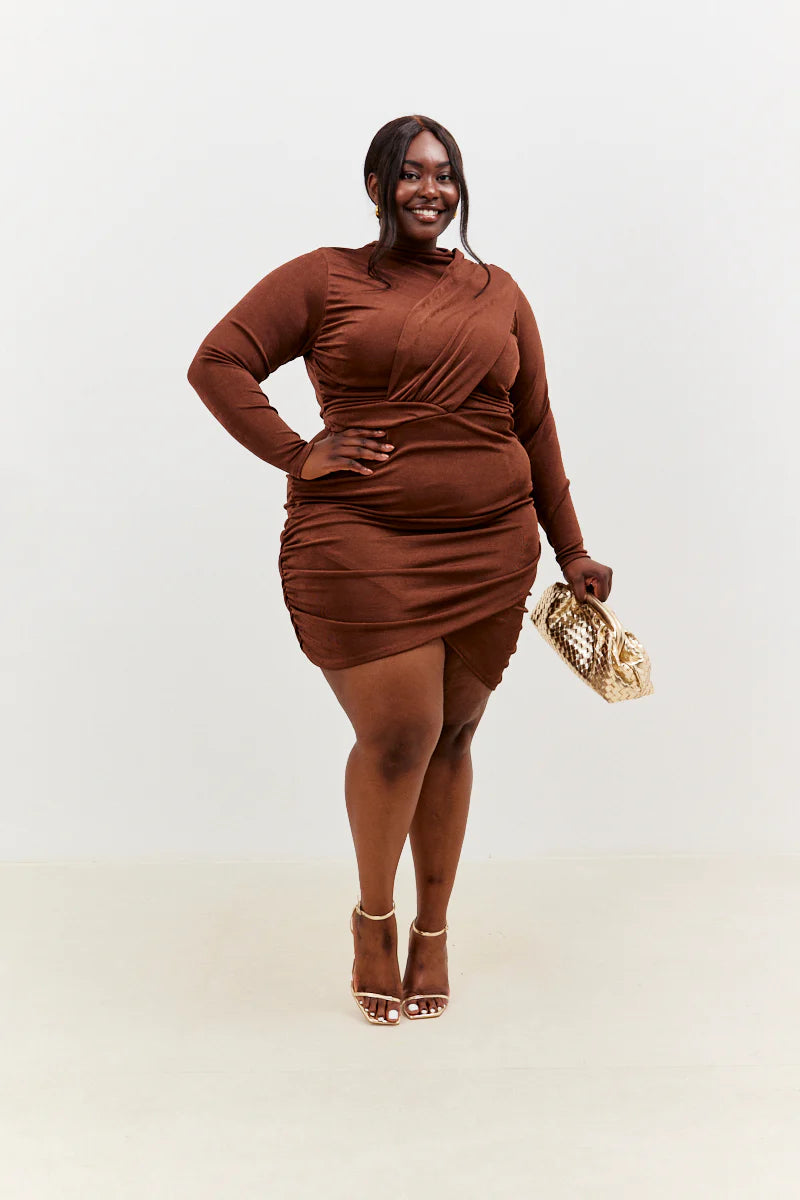 Acetate Slinky Drape Wrap Long Sleeve Mini Dress