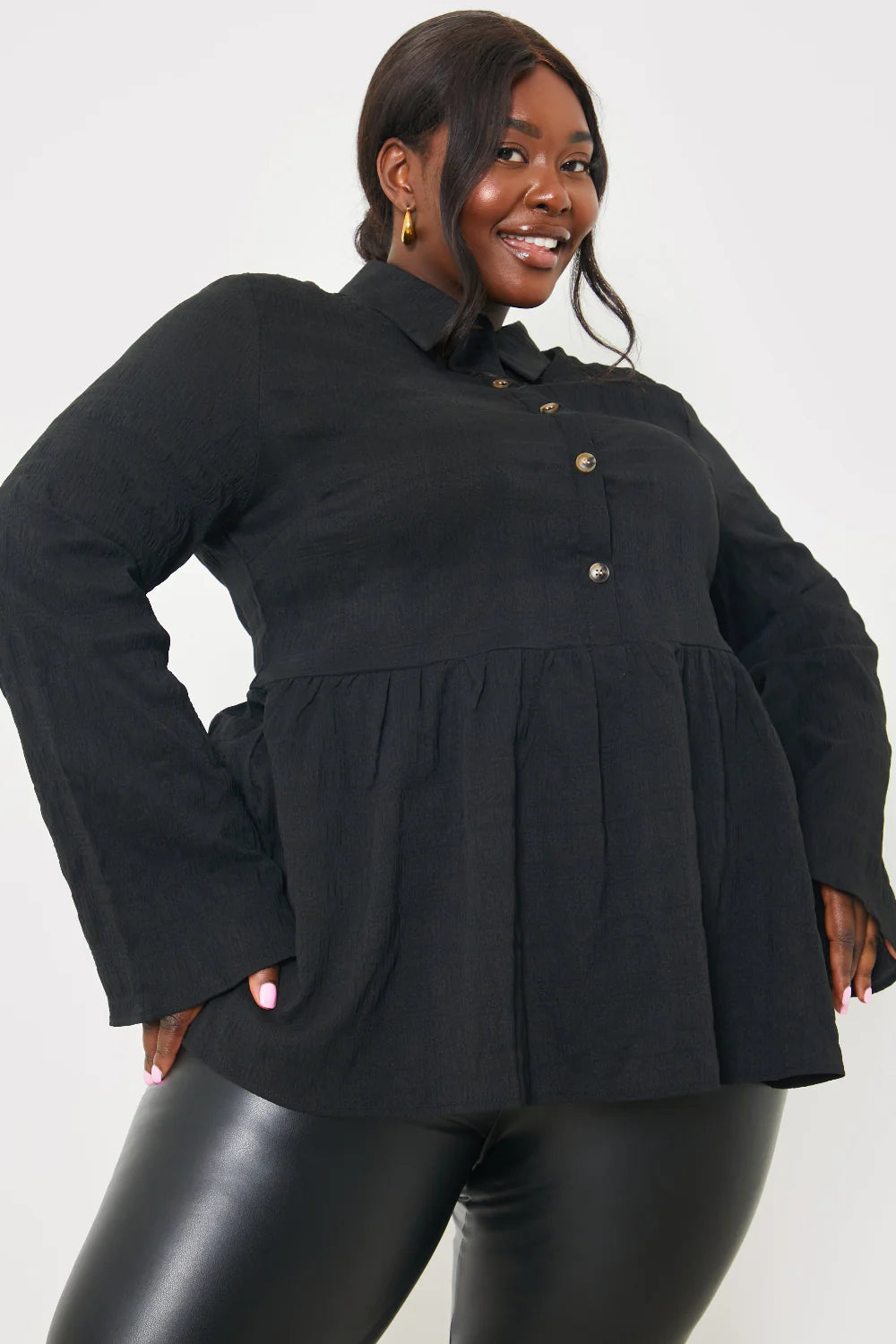 Blouson Sleeve Button Front Blouse