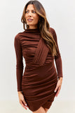 Acetate Slinky Drape Wrap Long Sleeve Mini Dress