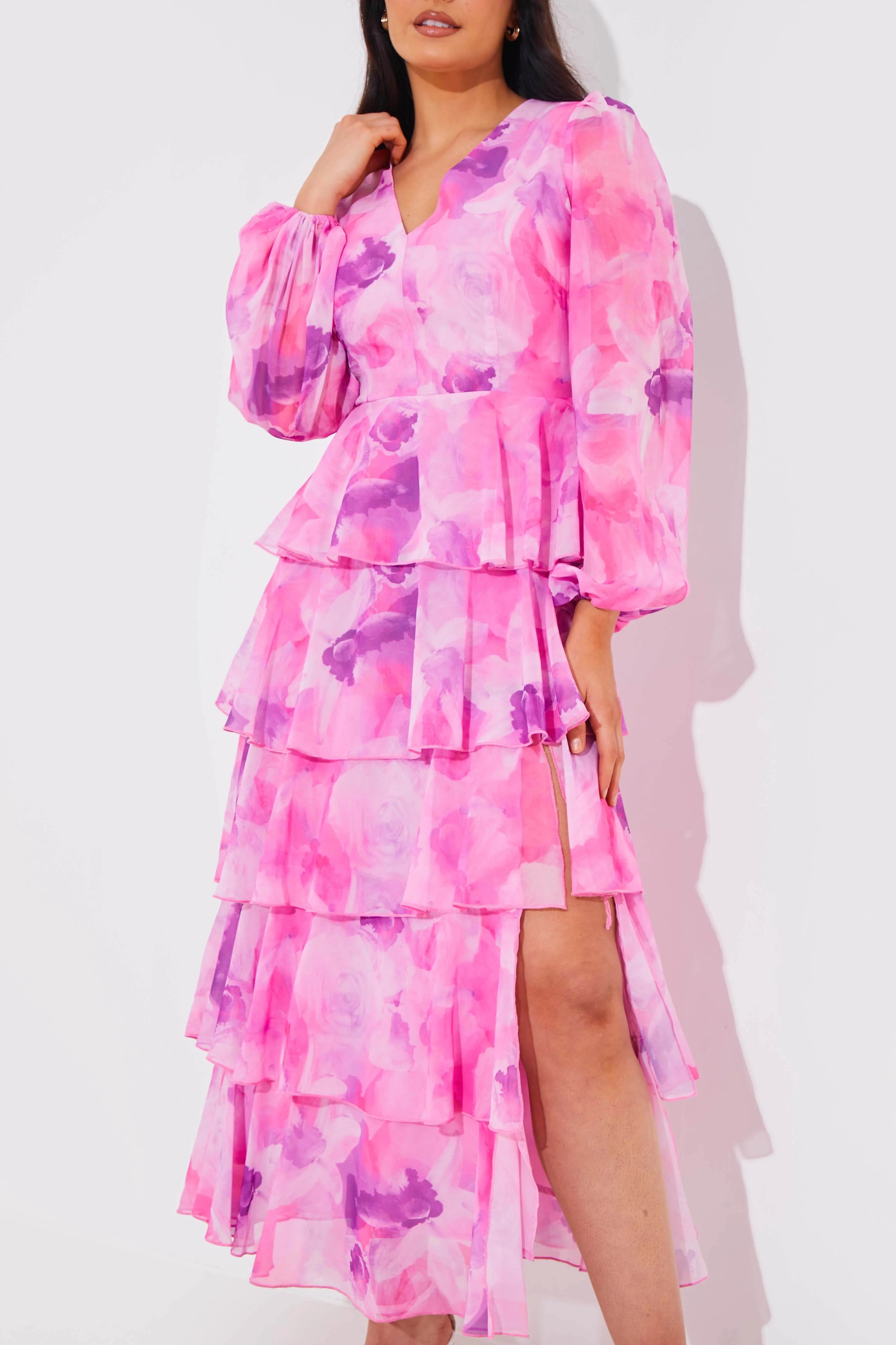 Abstract Floral Chiffon Frill Midaxi Dress