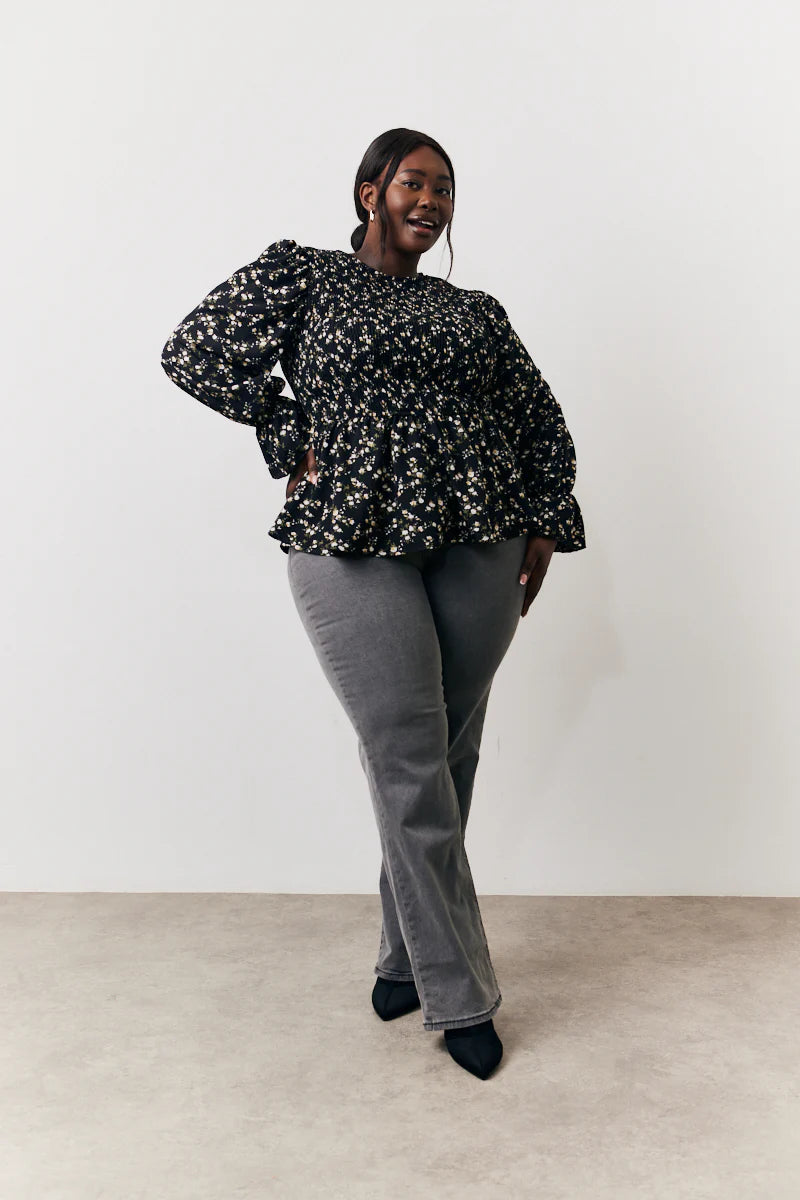 Black Floral Shirred Bust Blouse