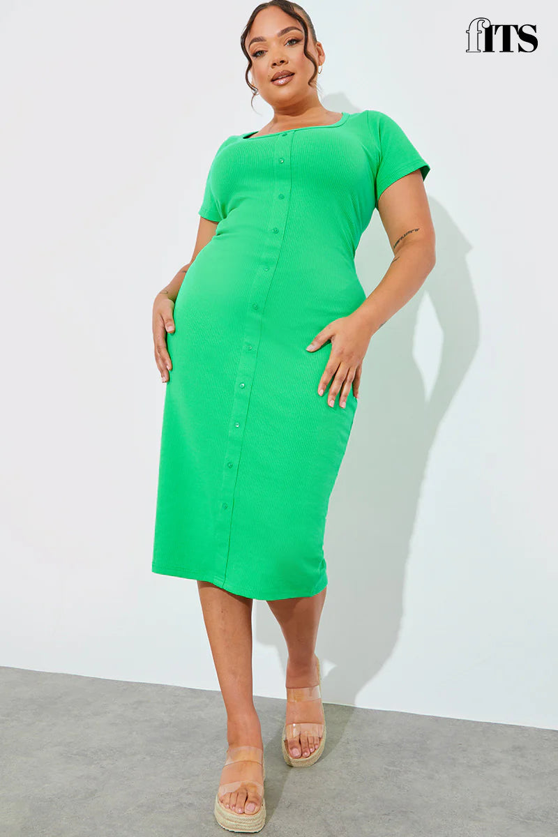 Ribbed Button Through Short Sleeve Midaxi Dress