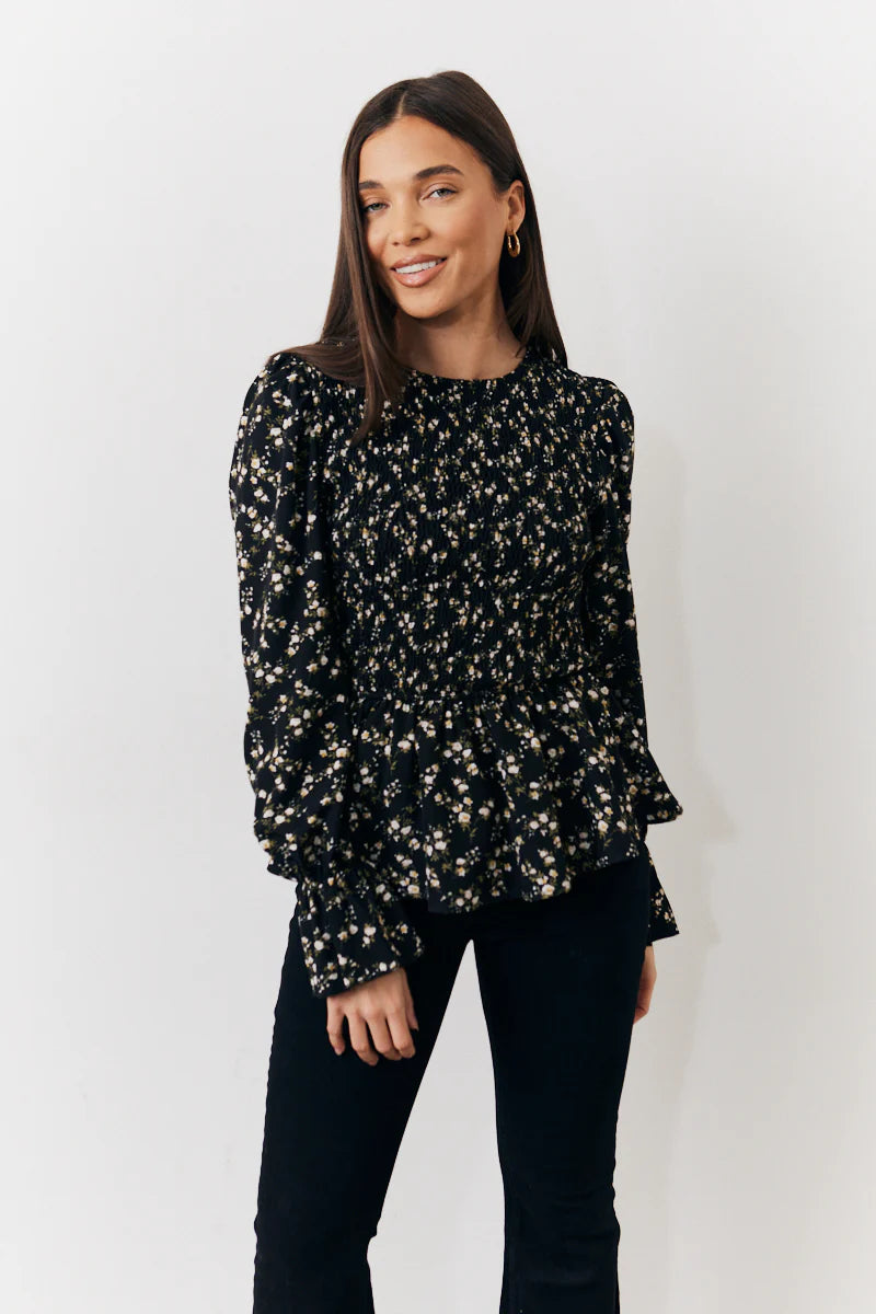 Black Floral Shirred Bust Blouse