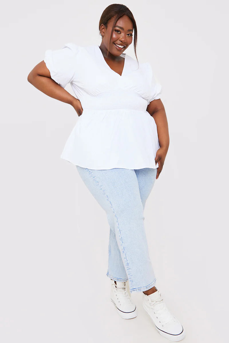 Poplin Shirred Waist Puff Sleeve Top