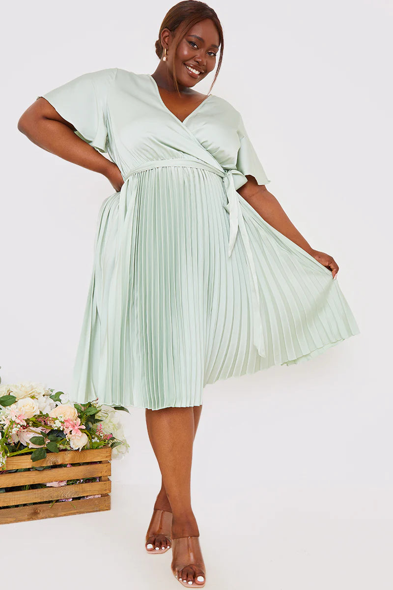 Angel Sleeve Pleated Wrap Midi Dress