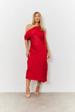 Satin Asymmetric Draped Neckline Midi Dress