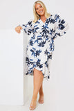 Floral Print Long Sleeve Wrap Frill Detail Midi Dress