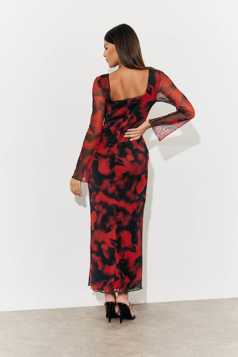 Abstract Print Mesh Open Back Detail Maxi Dress