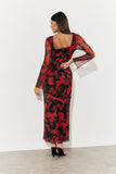 Abstract Print Mesh Open Back Detail Maxi Dress