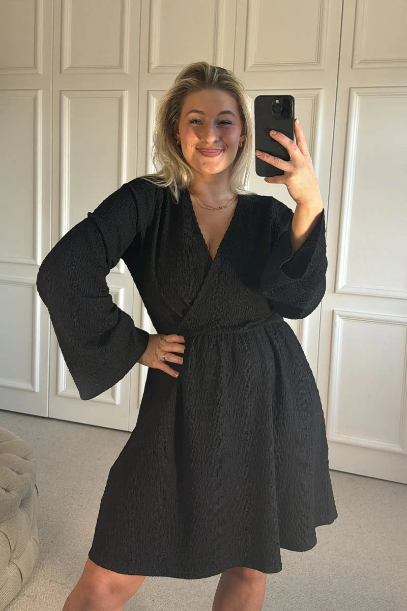 Wrap Front Textured Skater Dress