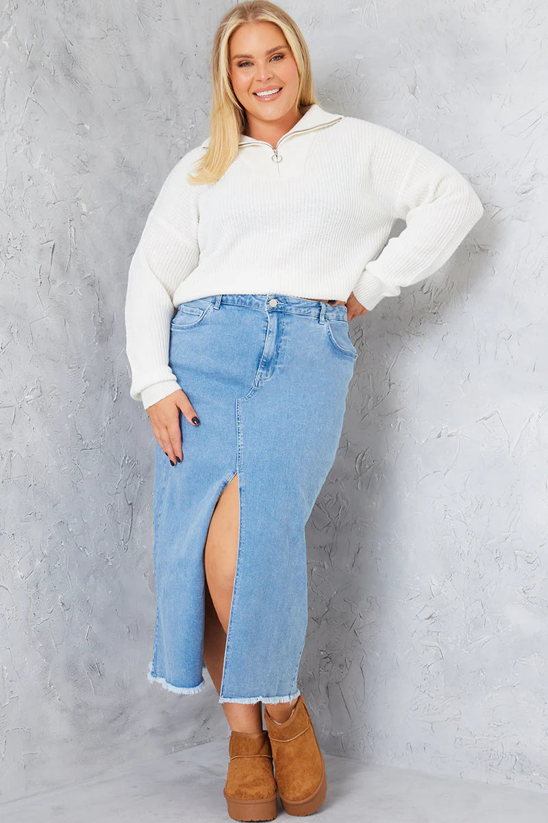 Denim Split Detail Midi Skirt