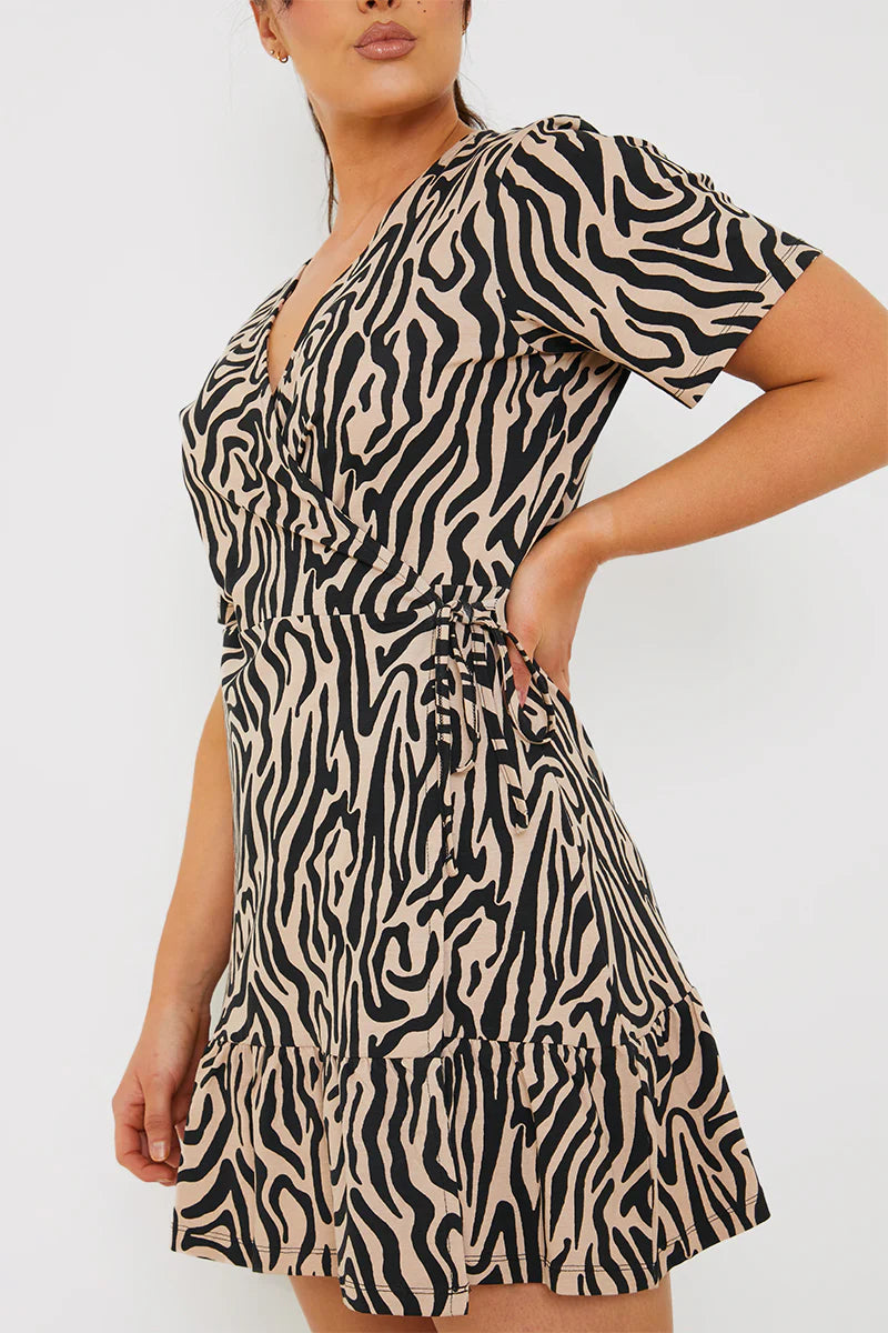Animal Print Short Sleeve Wrap Swing Dress