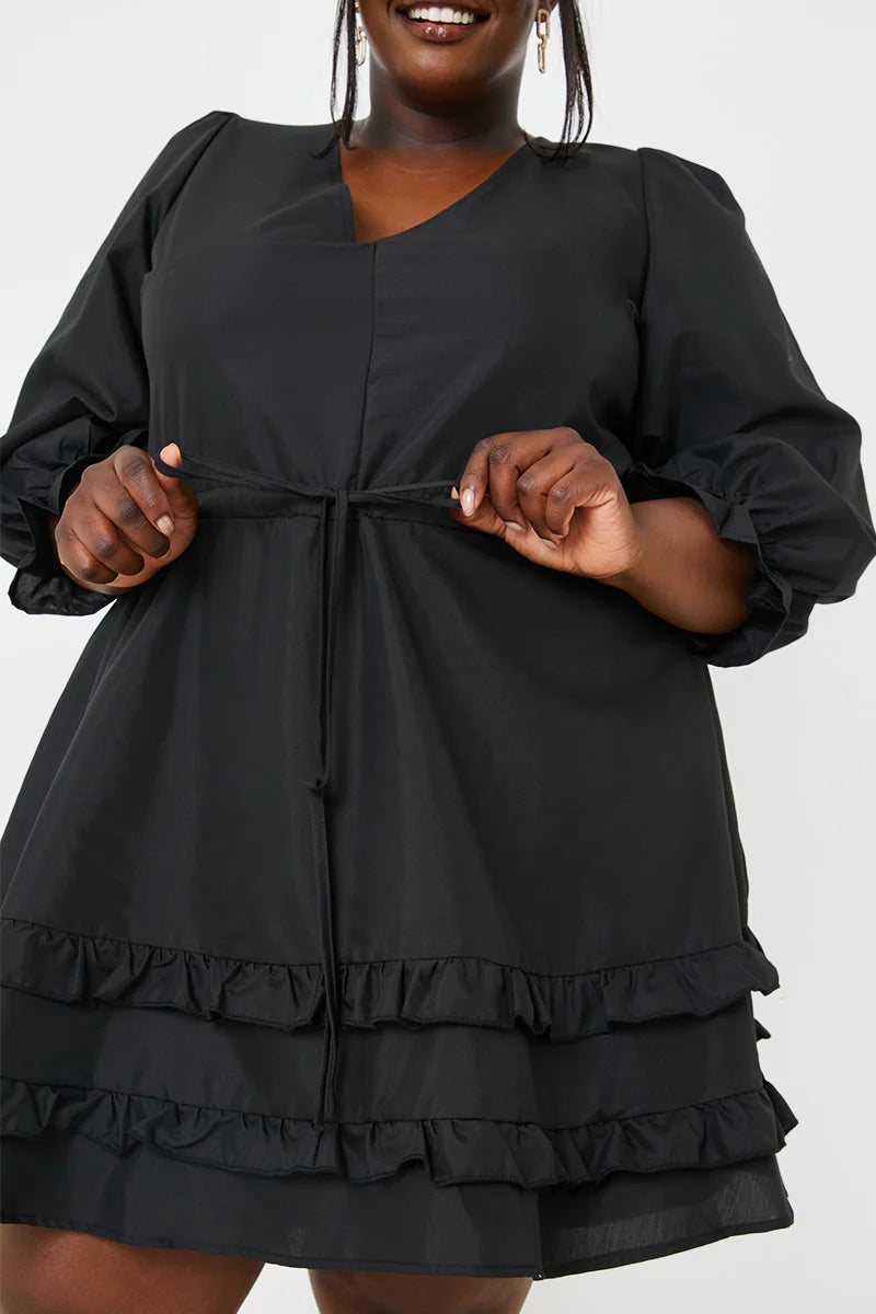 Ruffle Detail Balloon Sleeve Mini Dress