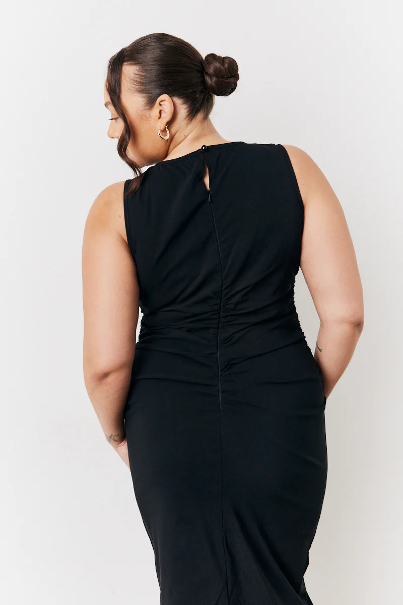 Black Bengaline Ruched Midi Dress