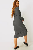 Stripe Ribbed Long Sleeve Bodycon Dress With Tie Waist Detail