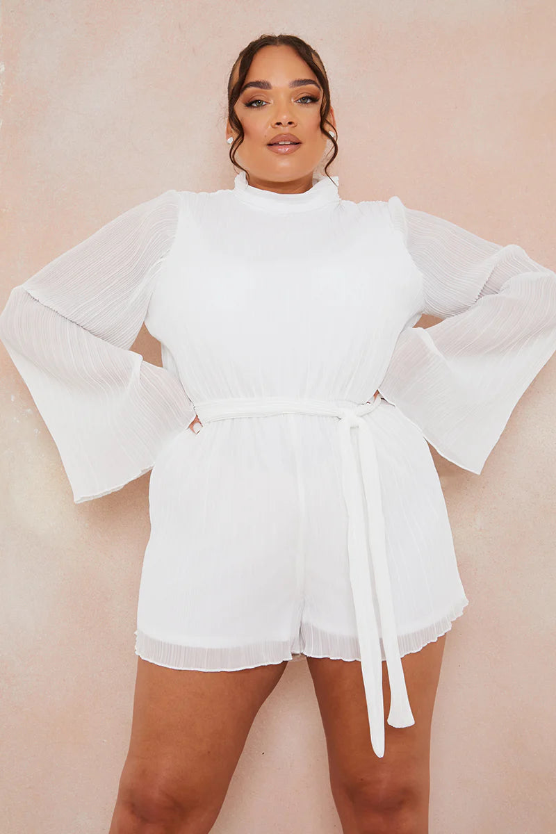 Plisse High Neck Tie Waist Playsuit