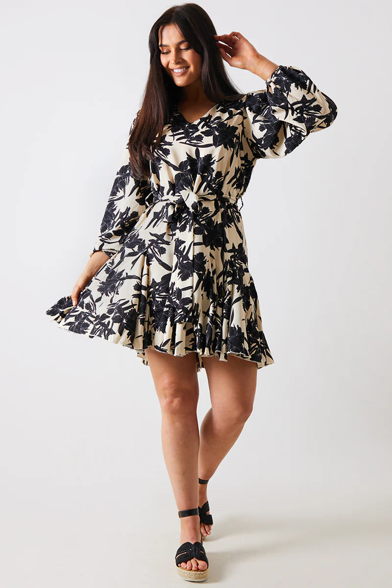 V Neck Balloon Sleeve Godet Mini Dress