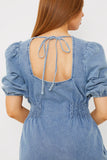 Denim V Neck Shirred Waist Tie Back Mini Dress