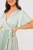 Angel Sleeve Pleated Wrap Midi Dress