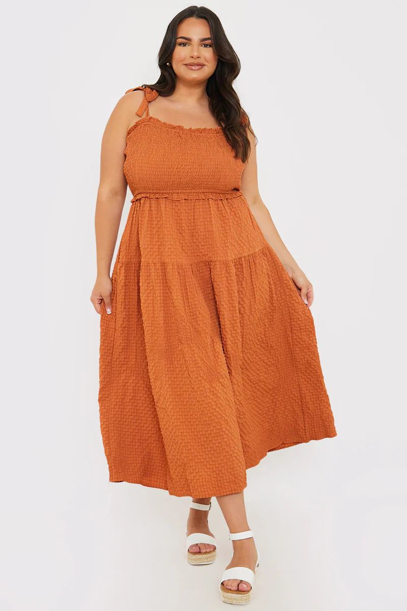 Bandeau Shirred Bust Tie Strap Midaxi Dress