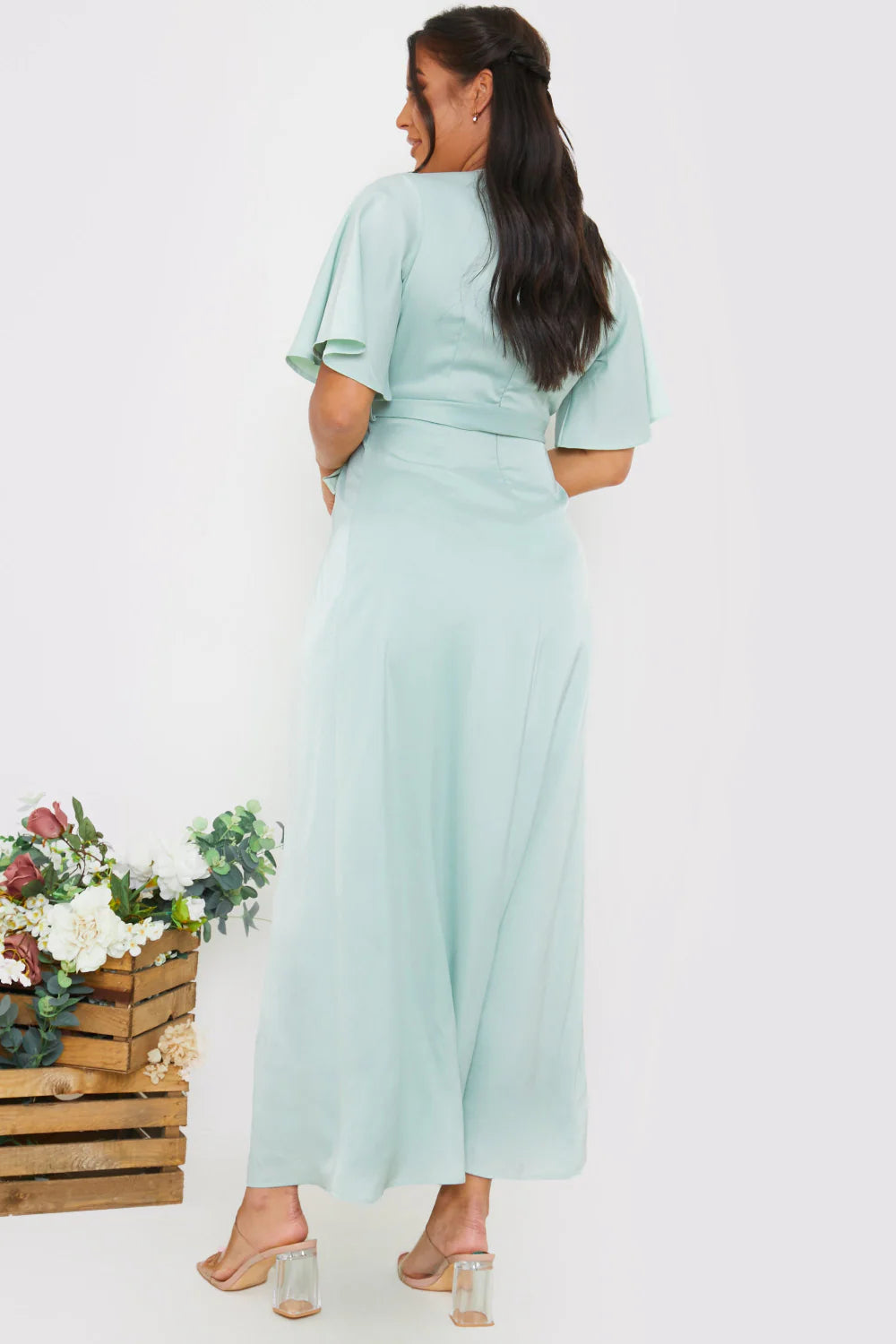 Satin Flutter Sleeve Tie Waist Wrap Dress
