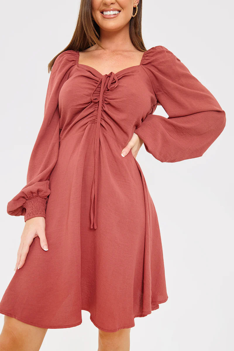 Channel Front Ruched Balloon Sleeve Shift Dress
