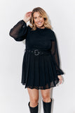Black Dobby Belted Pleated Skater Mini Dress