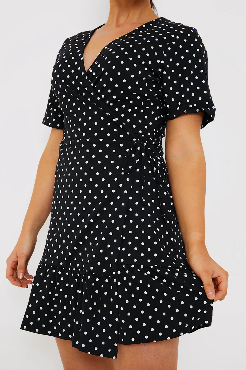 Polka Dot Print Short Sleeve Wrap Swing Dress