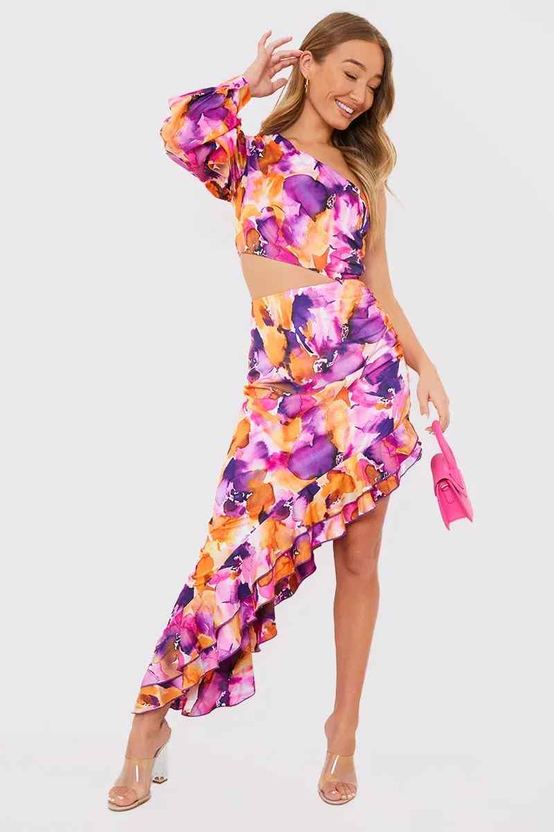 Floral Asymmetric Frill Maxi Dress