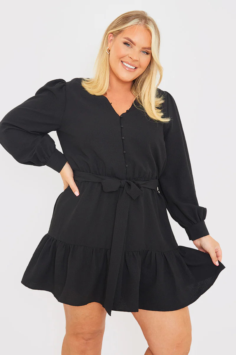 Button Detail Tie Waist Mini Dress