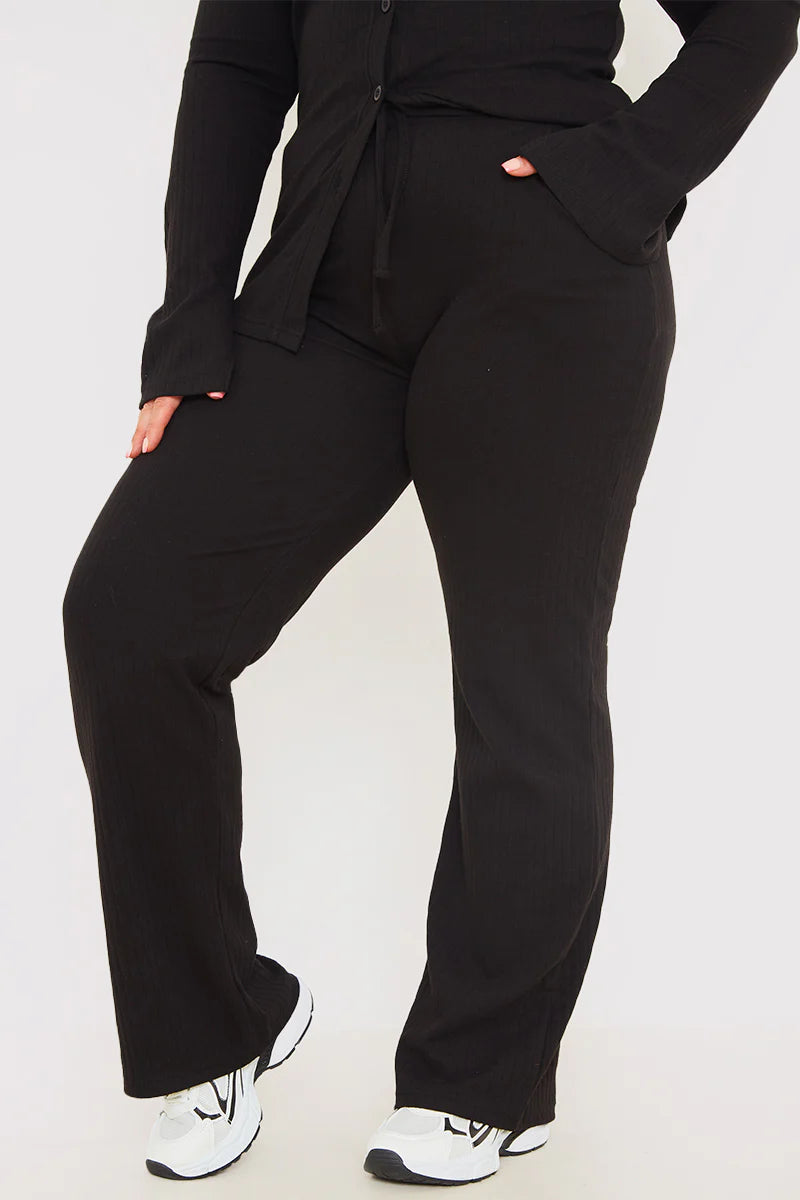 Ribbed Drawstring Wide Leg Trousers