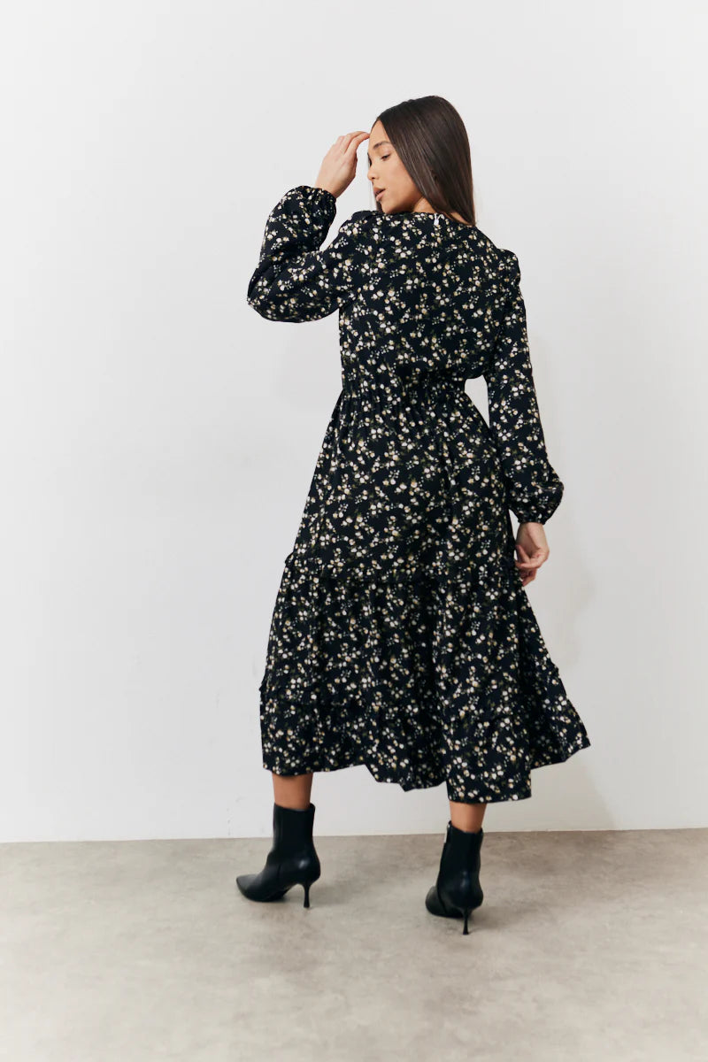 Black Ditsy Floral Printed Wrap Midi Dress