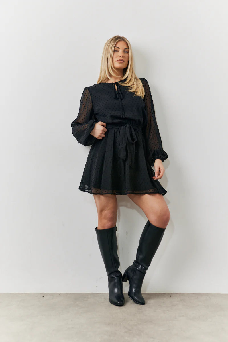 Black Dobby Chiffon Belted Mini Dress