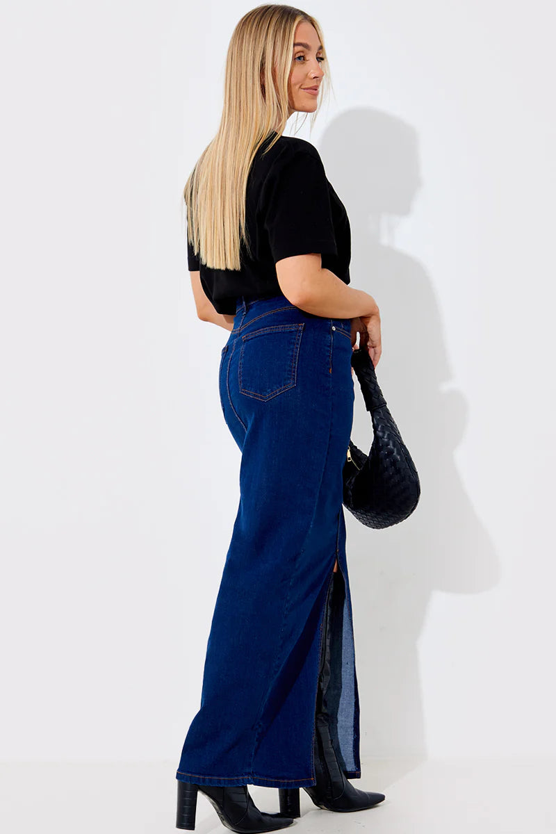Split Detail Denim Maxi Skirt