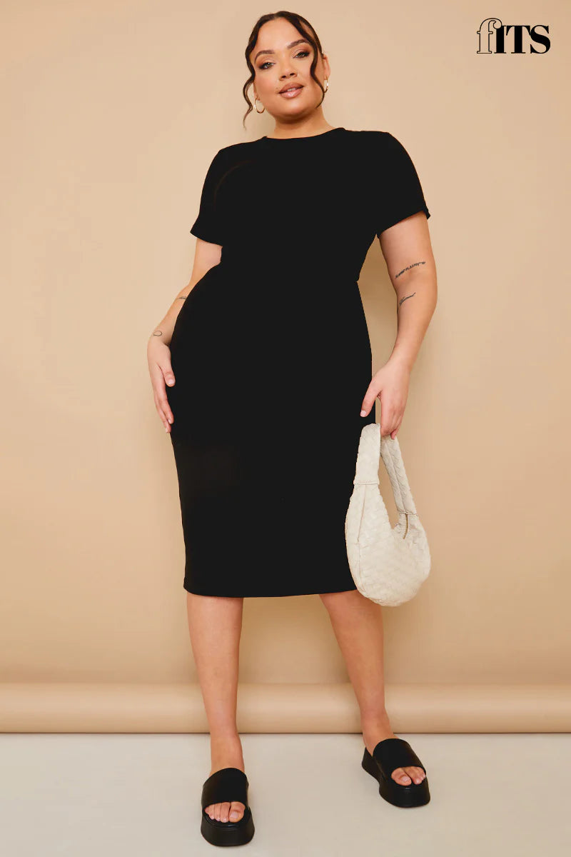 Ribbed Crew Neck Short Sleeve Midi Dress
