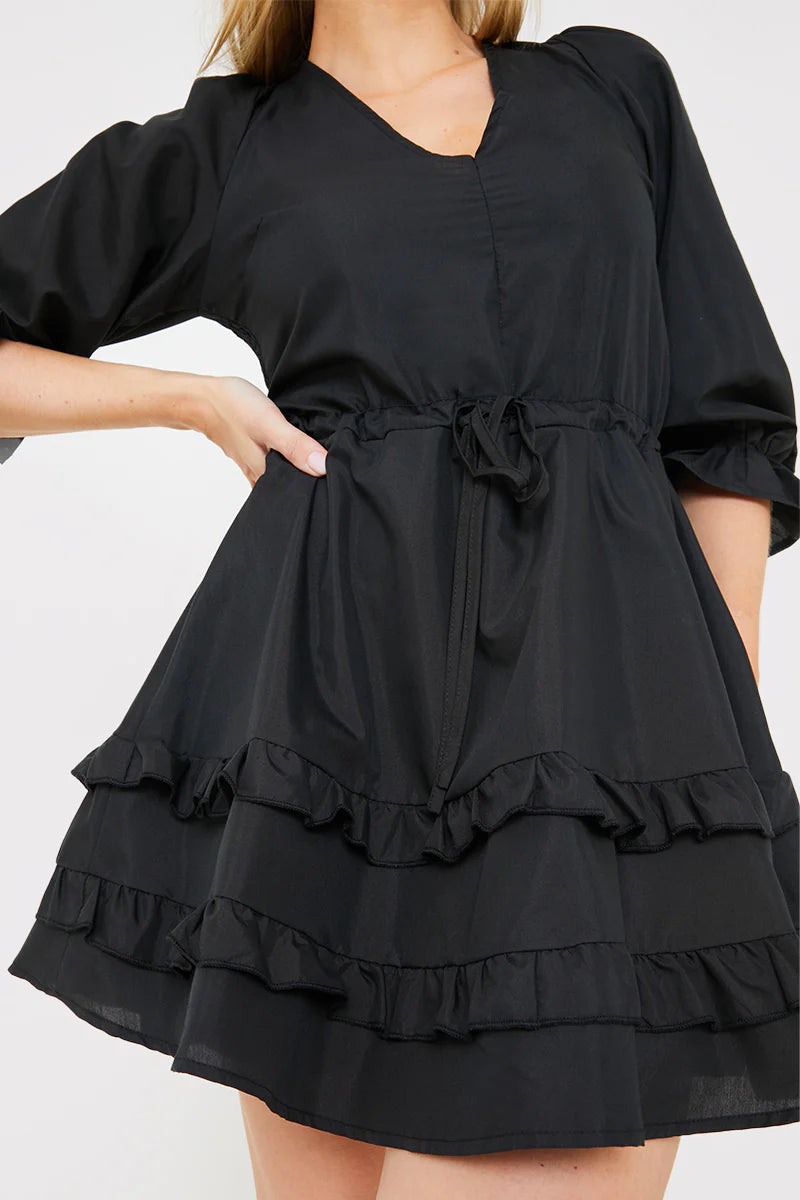 Ruffle Detail Balloon Sleeve Mini Dress