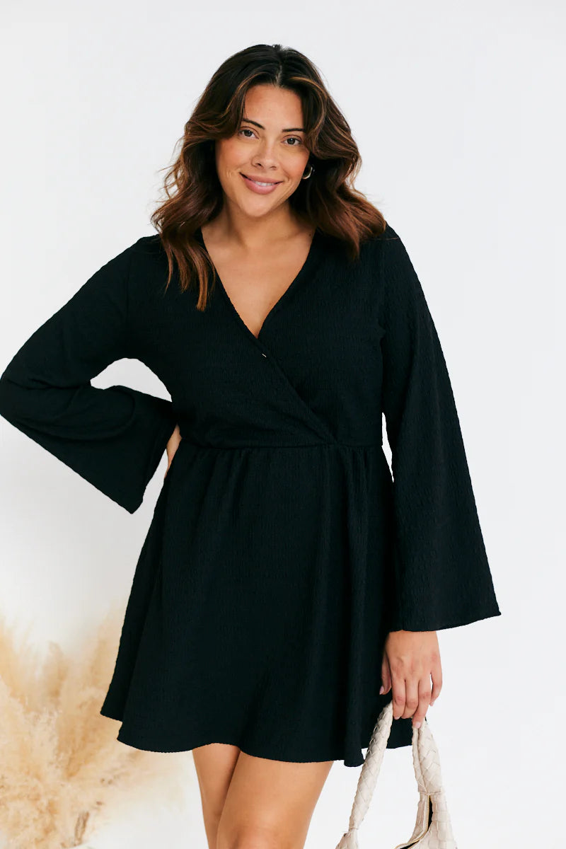 Wrap Front Textured Skater Dress