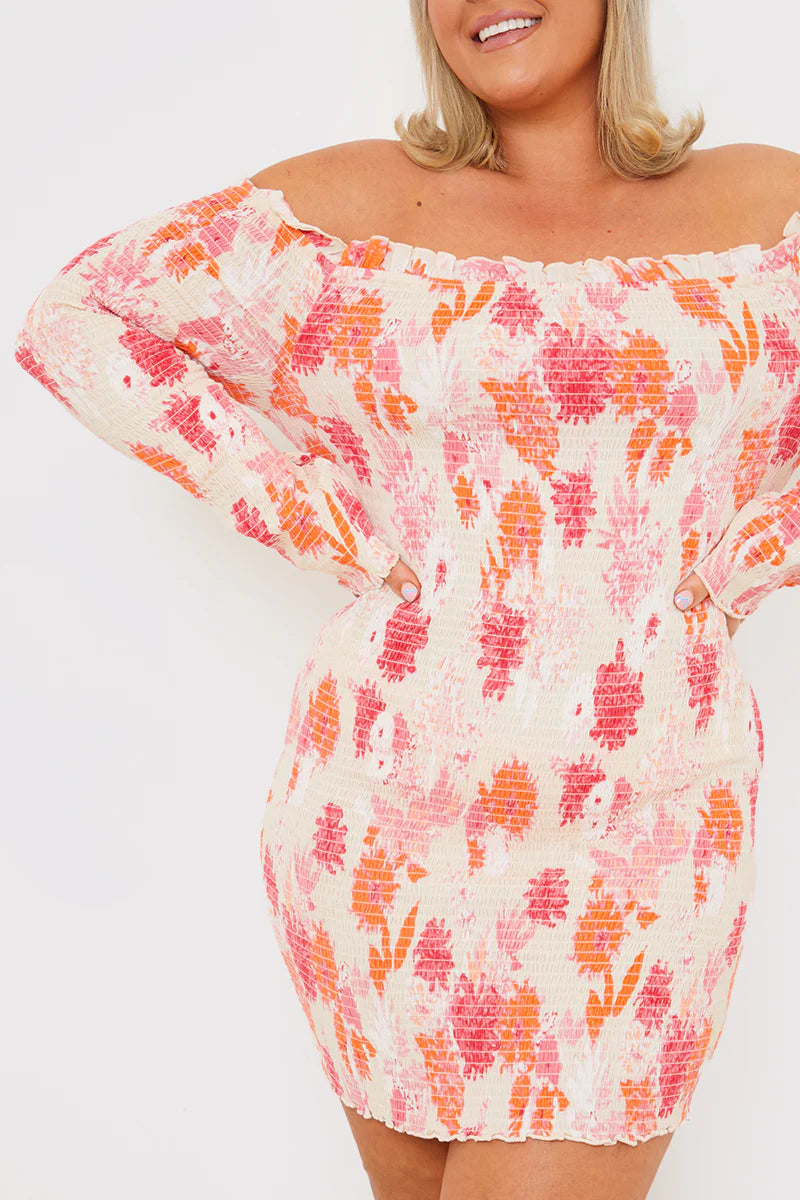 Floral Bardot Shirred Long Sleeve Mini Dress
