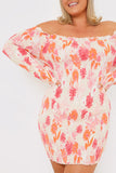 Floral Bardot Shirred Long Sleeve Mini Dress