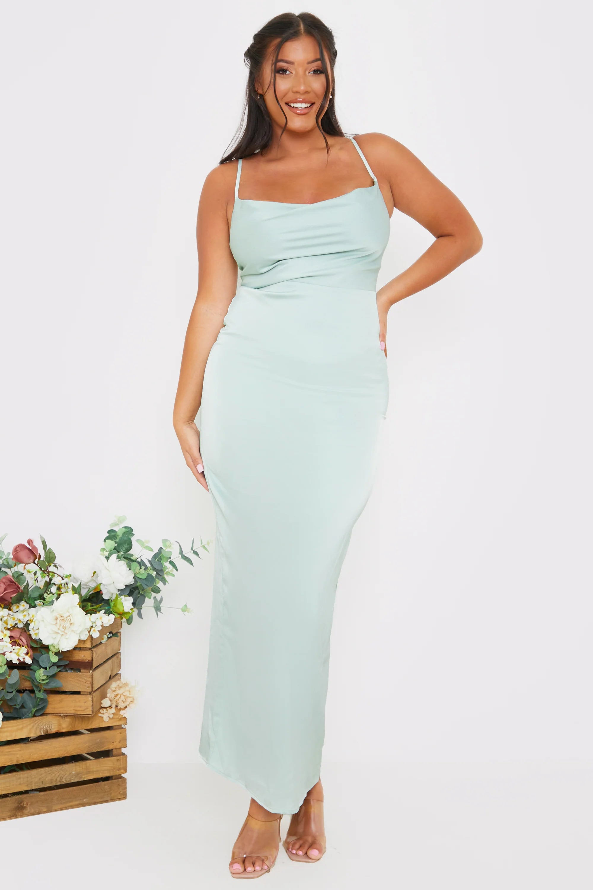 Satin Cowl Neck Maxi Dress